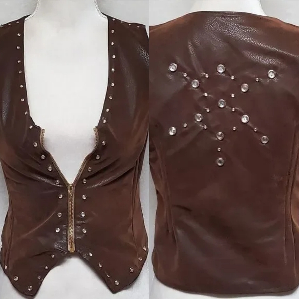 VINTAGE 1940s-50s Brown Textured Leather Bling Embellished Conmatic Zipper Vest
